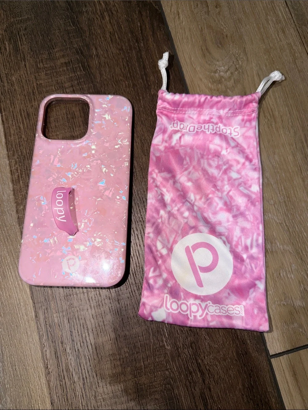 Loopy Case Pink Opal Shell Iridescent Glitter with Loop Grip iPhone 14 Pro Max